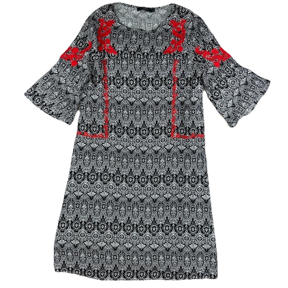 THML Dress Womens Extra Small Black Red Ivory Embroidered Summer Boho